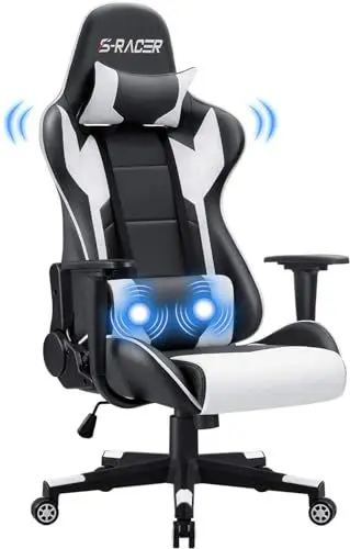 Produktbild: JUMMICO Massage Gaming Stuhl, Bürostuhl Ergonomisch mit Lendenwirbelstütze, Computerstühle Racing Bürostühle Sessel, Höhenverstellbar Liegestuhl Schreibtischstuhl 150kg Belastbarkeit, Weiß