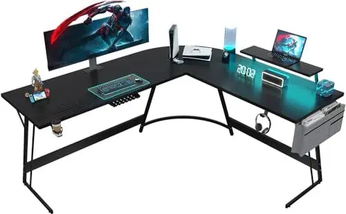 Produktbild: JUMMICO Gaming Tisch 130x130 cm und Monitorständer,Eckschreibtisch mit Tasche Stauraum,Groß L-förmiger Schreibtisch Pc Ecktisch mit Kabelmanagement,Tassenhalter und Kopfhörerhaken,Schwarz