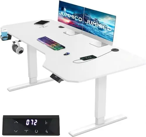 Produktbild: JUMMICO HöHenverstellbarer Schreibtisch 160 x 70 cm L-Förmiger Schreibtisch Höhenverstellbar Elektrisch,Ergonomie Gaming Tisch mit Haken (Weiß)