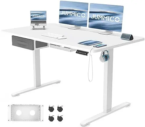 Produktbild: JUMMICO Höhenverstellbarer Schreibtisch Höhenverstellbar Elektrisch, Ergonomischer Steh-Sitz Tisch Stehpult Verstellbarer Computertisch,Stehschreibtisch Bürotisch Standing Desk,140 x 60 cm, Weiß