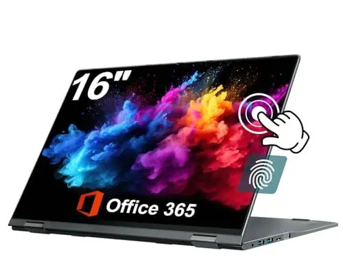 Produktbild: jumper Laptop 16 Zoll, 2 in 1 Laptop mit FHD 360 Grad Touchscreen, 16GB RAM 640GB ROM, QWERTZ Tastatur mit Hintergrundbeleuchtung, Fingerabdruckleser, 1 Jahr Office 365, 1920x1200, 53.2WH Akku, WiFi 6