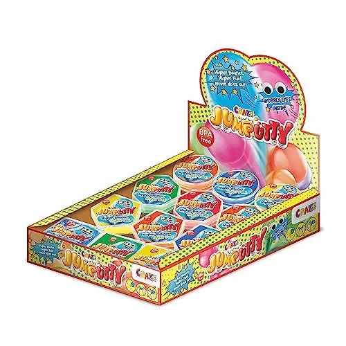 Produktbild: JUMPUTTY Hüpfende Kinderknete Komplettes Thekendisplay mit 24 Dosen , Springknete zum Mitnehmen , 5 verschiedenen Farben