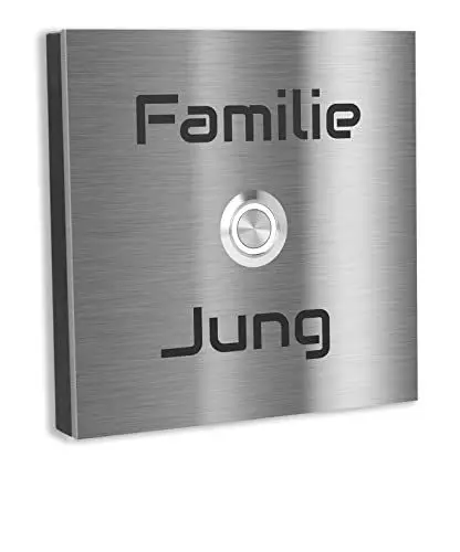 Produktbild: Jung Edelstahl Design Türklingel Bochum - Klingel V2A Edelstahl - incl. Gravur - LED Taster wählbar - Aufputz/Unterputztürklingel (Edelstahl, 7x7 cm)