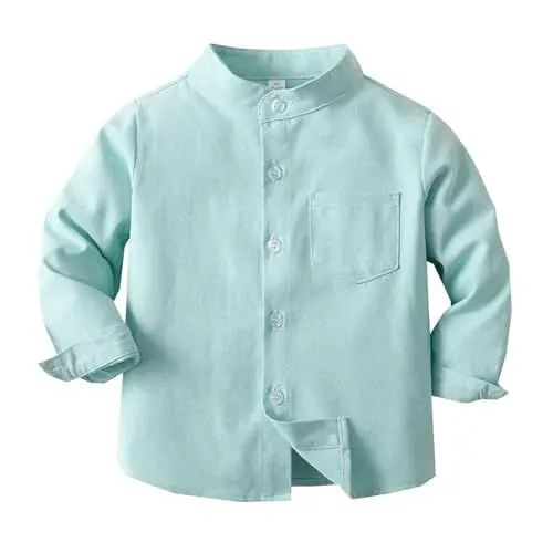 Produktbild: Jungen Baumwollhemd Langarm Stehkragen Einfarbig Atmungsaktiv Bequem Freizeit Schulkleidung Kinder Oberteil (Mint Green, 7-8 Years)