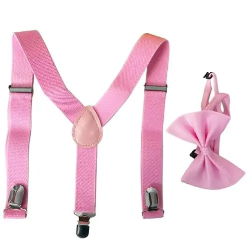 Produktbild: Jungen Hosenträger Fliege Sets, Elastisch Y Gestalten mit Stark Clips Kinder Fliege Sets Baby Verstellbare Hosenträger für Kinder von 1-15 Jahr-Pink