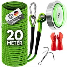 Produktbild: Jungle Monkey® Magnetfischen Set 400kg (Zugkraft DEKRA geprüft), Magnet Angel inkl. Wurfanker, wasserdichten Handschuhen & Seil – Perfekt für Magnet Fischen & magnetangeln angeln | Magnet Fishing