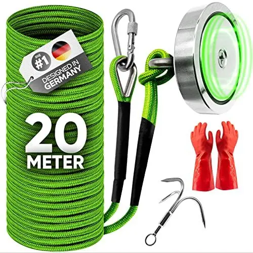 Produktbild: Jungle Monkey® Magnetfischen Set 400kg (Zugkraft DEKRA geprüft), Magnet Angel inkl. Wurfanker, wasserdichten Handschuhen & Seil – Perfekt für Magnet Fischen & magnetangeln angeln | Magnet Fishing