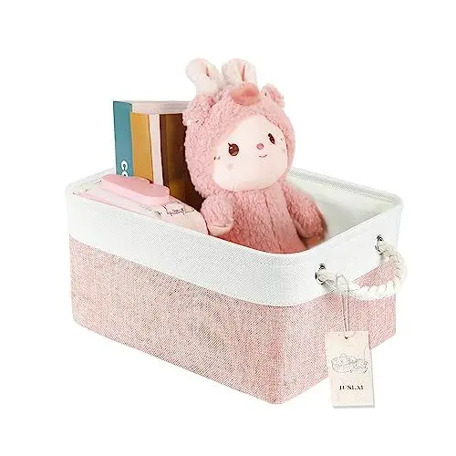Produktbild: JUNLAI Aufbewahrungskorb Stoff mit Griffen, Faltbare Kleine Aufbewahrungsbox, Kleiderschrank Aufbewahrungskörbe für Büro & Haus, Buch, Kleidung, Spielzeug (Rosa Weiß, Klein)
