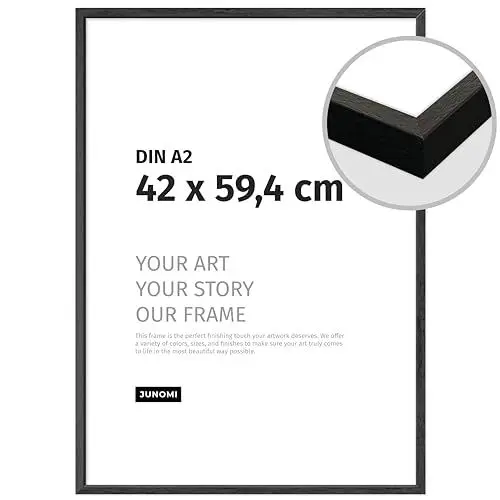 Produktbild: JUNOMI® Bilderrahmen DIN A2 (42x59,4 cm) | Farbe Schwarz | Bilderrahmen aus MDF mit bruchsicherem Acryl-Glas | Bilderrahmen Holz