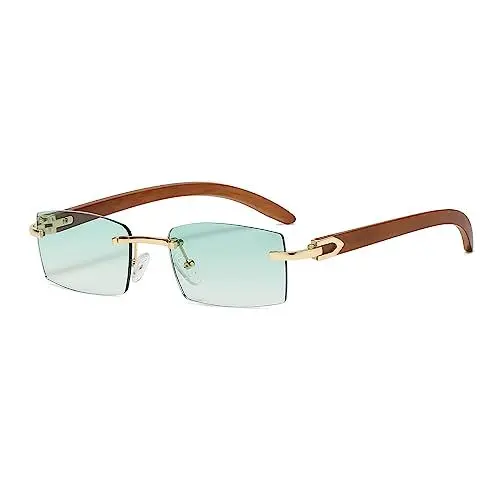 Produktbild: Junsika Randlose Rechteckige Holz Sonnenbrille für Herren und Damen Klassische Retro Holz Grün Sonnenbrille UV400 Schutz