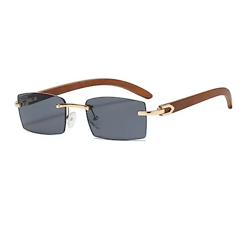 Produktbild: Junsika Randlose Rechteckige Holz Sonnenbrille für Herren und Damen Klassische Retro Holz Schwarz Sonnenbrille UV400 Schutz