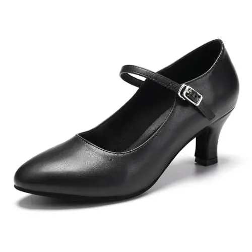Produktbild: JUODVMP Latein Tanzschuhe Damen Schwarz Leder Charakter Schuhe Rumba Ballroom Tanzschuhe 6CM Absatz,39 EU