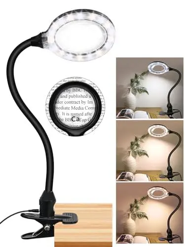 Produktbild: JUOIFIP 10X 20X Lupe Mit Licht Clip Ständer,Klemme Lupe Dimmbare LED beleuchtete Schreibtischlampe, Hände frei Lupe mit Licht für tägliche Hobbys Reparieren, Lesen, Basteln