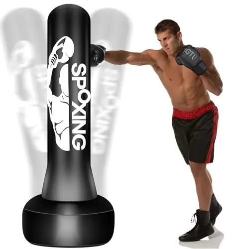 Produktbild: Schwerer Boxsack für Erwachsene, 175 cm, freistehender Boxsack mit Ständer, geeignet für Herren-Training, MMA, Muay Thai, Fitness, idealer freistehender aufblasbarer Kickboxsack