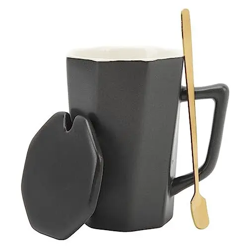 Produktbild: JUOPZKENN Keramiktasse, Vielseitig Einsetzbar, Minimalistische Kaffeetasse mit U-förmigem, Staubdichtem Becherdeckel für Den Außenbereich, 400 Ml(Schwarz)