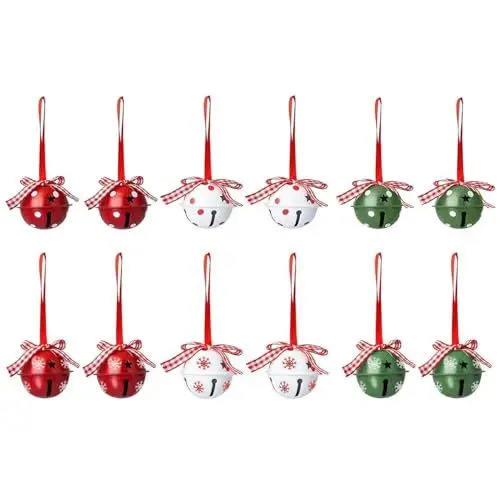 Produktbild: MISNODE 12 Stück Weihnachts-Glöckchen, Dekorative Glöckchen aus Metall mit Sternausschnitten und Bändern, Hängende Weihnachtsornamente, Dekorative Glöckchen aus Metall mit