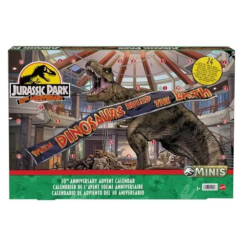 Produktbild: JURASSIC WORLD 30. Jubiläum Adventskalender - 24 Türchen mit Mini-Dinosauriern, Menschenfiguren und Teilen für einen aufregenden Spielbereich, für Kinder ab 4 Jahren, HTK45