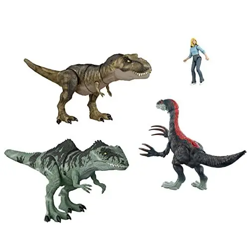 Produktbild: Jurassic World HJK02 -: Ein neues Zeitalter Episches Schlacht-Pack, 3 authentische Dinosaurierfiguren & 1 Menschenfigur, physischer und digitaler Spielspaß für Kinder ab 4 Jahren