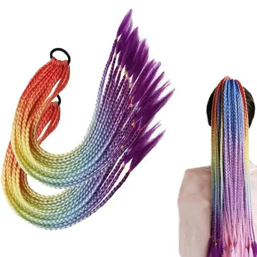 Produktbild: Jushion Braids Extensions, 2 Stück Bunte Haarsträhnen, Zopf extension Kunsthaar zum einflechten, Pferdeschwanz haarteil für Party Kinder und Frauen Festival Deko Geschenke