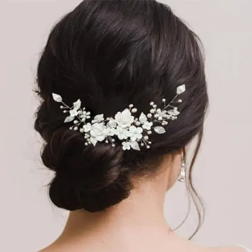 Produktbild: Jushion Weiße Weiche Keramische Blume Silberlegierung Blatt, Braut Haarschmuck Hochzeit,Hochzeit Handmade Haarschmuck, Blume Braut Hochzeit Haar Rebe Perle Haarschmuck Braut Stirnband Kopfschmuck