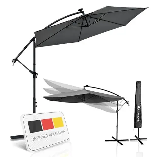 Produktbild: Juskys Ampelschirm Brazil 300 cm Kurbel Ständer - UV-Schutz wasserabweisend knickbar - Hülle - Sonnenschirm Marktschirm Gartenschirm - grau