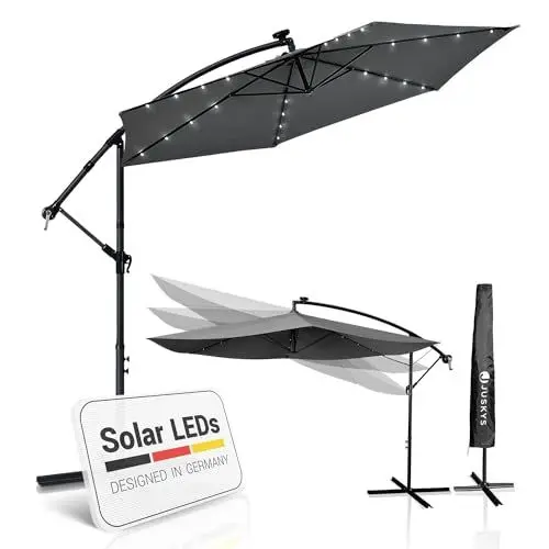 Produktbild: Juskys Ampelschirm Brazil 350 cm LED Beleuchtung Solar & Kurbel - UV-Schutz wasserabweisend knickbar - Hülle - Sonnenschirm Marktschirm grau