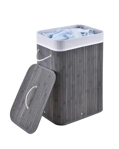 Produktbild: Juskys Bambus Wäschekorb Curly Grau 72L - Hygienischer & Faltbarer Wäschekorb mit Deckel, Tragegriff & Wäschesack - Natürliche Bambus Optik