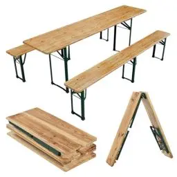 Produktbild: Juskys Bierzeltgarnitur 3-teilig Biertischgarnitur mittig klappbar 220 cm - Gartenmöbel Set aus Tannenholz Biertisch Bierbänke Festzeltgarnitur Natur