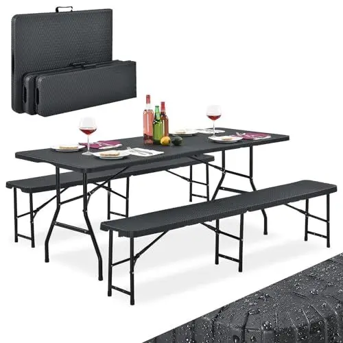 Produktbild: Juskys Bierzeltgarnitur Amberg 3-teilig & klappbar - 180 x 74 x 74-2 Bierbänke & Biertisch in Rattan-Optik Gartenmöbel-Set Festzeltgarnitur Camping