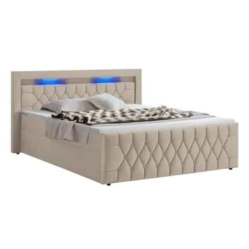 Produktbild: Juskys Boxspringbett Leona 180x200 cm - Bett mit LED Beleuchtung, Topper & H4 Federkern Matratzen - Doppelbett mit Samt und Steppung - Beige