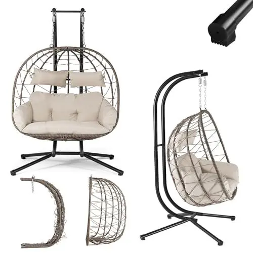 Produktbild: Juskys Doppelhängesessel Aria - Polyrattan Hängesessel mit Gestell & Kissen - Schaukel für Zwei Personen - Outdoor Indoor Sessel - XXL Korb Beige