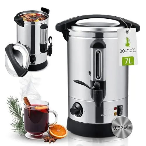 Produktbild: Juskys Glühweinkocher Teramo 7 Liter 1500W mit Zapfhahn, Thermostat & Überhitzungsschutz, 30-110°C, Edelstahl, elektrisch, Heißgetränkespender Glühweinkessel Heißwasserspender Glühweintopf