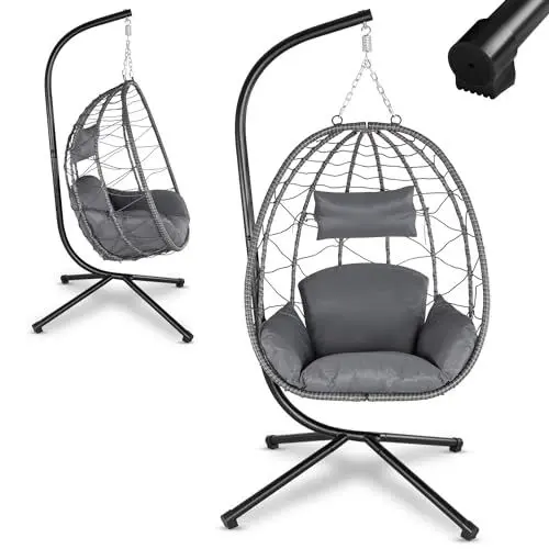 Produktbild: Juskys Hängesessel Aria mit Gestell höhenverstellbar, faltbar & ergonomisch - Outdoor & Indoor - bis 130 kg - Polyrattan Korbhängesessel inkl. Kissen - Grau