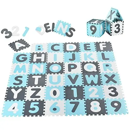 Produktbild: Juskys Kinder Puzzlematte Noah 36 Teile mit Buchstaben A-Z & Zahlen 0-9 - rutschfest — blau für Jungen - Puzzle ab 10 Monate - Spielmatte