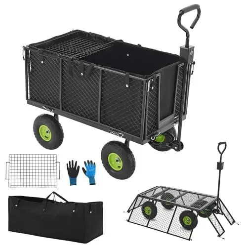 Produktbild: Juskys Metall Gartenwagen 550 kg belastbar - Handwagen mit Luftreifen, Plane & Handschuhen - Transportwagen faltbar & klappbar - Bollerwagen Garten