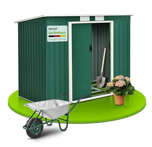 Produktbild: Juskys Metall Gerätehaus M 4 m³ mit Fundament, 213 x 130 x 173 cm, Geräteschuppen mit Pultdach & Schiebetür, Stahl Gartenhaus Garten Schuppen, grün