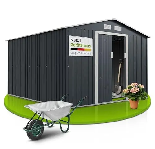 Produktbild: Juskys Metall Gerätehaus XXL 15m³ mit Satteldach, Schiebetür & Fundament - 277 x 319 x 192 cm - anthrazit - Geräteschuppen Gartenhaus Metallgerätehaus