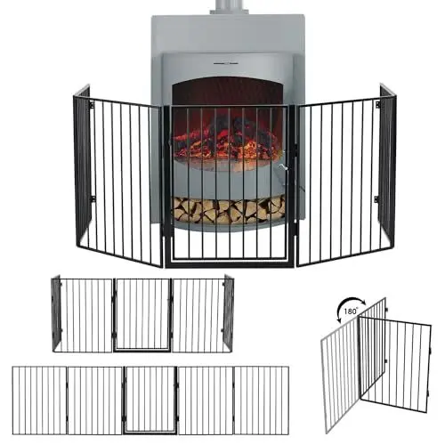Produktbild: Juskys Metall Kaminschutzgitter 300 x 76 cm klappbar - Schutzgitter für Tiere - 5 Elemente inkl. Tür - Laufgitter Absperrgitter