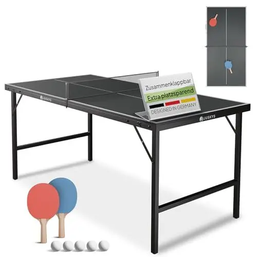 Produktbild: Juskys Mini Tischtennisplatte Flexi mit Zubehör - Tisch klein & klappbar - Indoor Spiel für Zuhause & unterwegs - Tischtennis Set - Tischtennistisch Schwarz