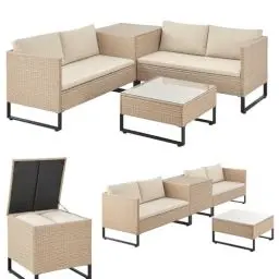 Produktbild: Juskys Outdoor Polyrattan Lounge Santorini - Gartenlounge mit Beistelltisch & Auflagenbox - Gartenmöbel Set Rattan Sitzecke wetterfest - Creme