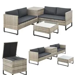 Produktbild: Juskys Outdoor Polyrattan Lounge Santorini - Gartenlounge mit Beistelltisch & Auflagenbox - Gartenmöbel Set Rattan Sitzecke wetterfest - Grau-meliert