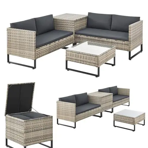 Produktbild: Juskys Outdoor Polyrattan Lounge Santorini - Gartenlounge mit Beistelltisch & Auflagenbox - Gartenmöbel Set Rattan Sitzecke wetterfest - Grau-meliert