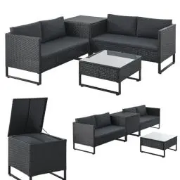 Produktbild: Juskys Outdoor Polyrattan Lounge Santorini - Gartenlounge mit Beistelltisch & Auflagenbox - Gartenmöbel Set Rattan Sitzecke wetterfest - Schwarz