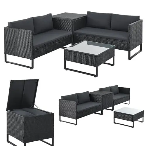 Produktbild: Juskys Outdoor Polyrattan Lounge Santorini - Gartenlounge mit Beistelltisch & Auflagenbox - Gartenmöbel Set Rattan Sitzecke wetterfest - Schwarz