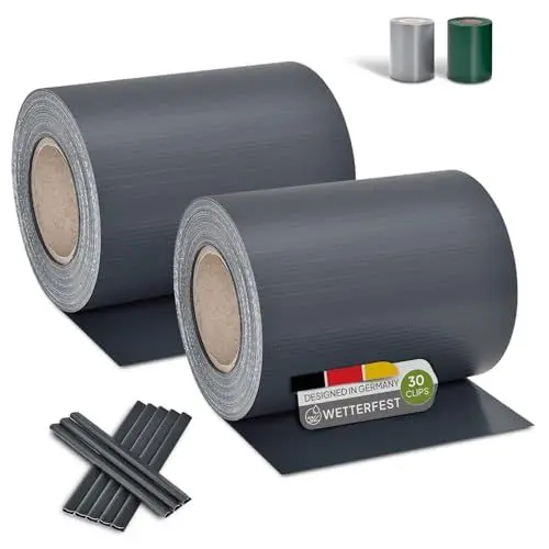 Produktbild: Juskys PVC Sichtschutzstreifen Doppelstabmatten Zaun 2er Set - 2 Rollen á 35m x 19cm - 60 Befestigungsclips - Zaunfolie Sichtschutz Windschutz - anthrazit