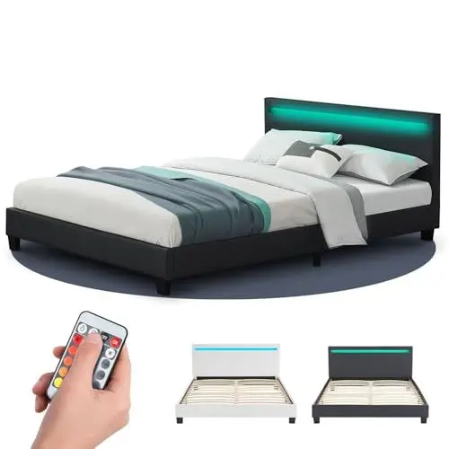 Produktbild: Juskys Polsterbett Paris 140x200 cm mit LED Beleuchtung, Lattenrost & Kopfteil - Kunstleder & Holz - schwarz - Bett Jugendbett Bettgestell