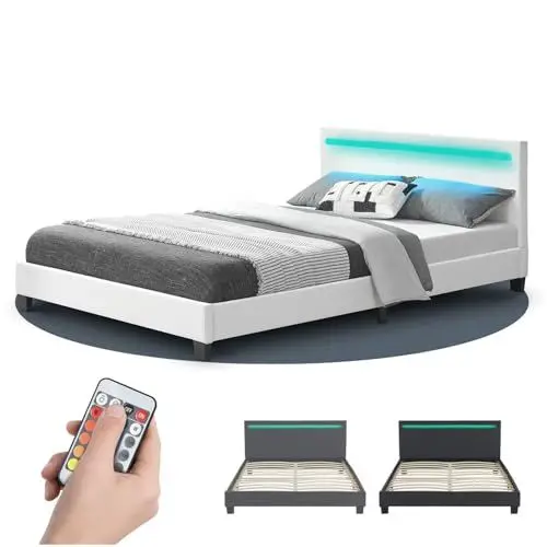 Produktbild: Juskys Polsterbett Paris 140x200 cm mit LED Beleuchtung, Lattenrost & Kopfteil - Kunstleder & Holz - weiß - Bett Jugendbett Bettgestell