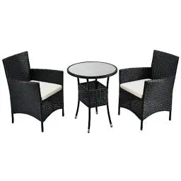 Produktbild: Juskys Polyrattan Balkonset Bayamo 3-teilig - Balkonmöbel wetterfest mit Tisch, 2 Stühle & Kissen - Gartenmöbel Set für 2 Personen - Schwarz/Creme