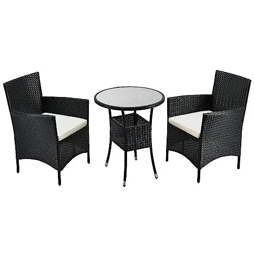 Produktbild: Juskys Polyrattan Balkonset Bayamo 3-teilig - Balkonmöbel wetterfest mit Tisch, 2 Stühle & Kissen - Gartenmöbel Set für 2 Personen - Schwarz/Creme