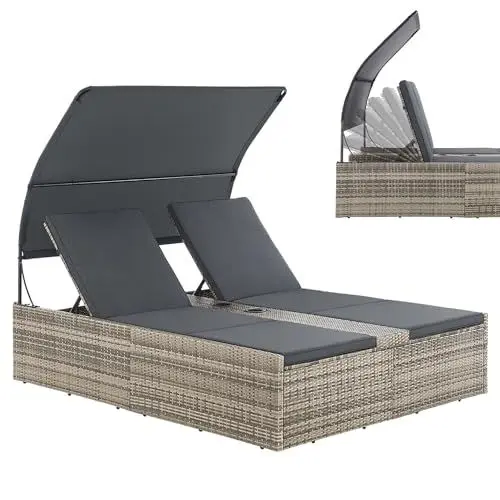 Produktbild: Juskys Polyrattan Doppelliege Syros - Garten Sonnenliege für 2 Personen - Outdoor Liege mit Dach & Auflagen - Kopfteil verstellbar - Grau-meliert